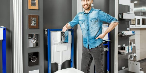 Man in the plumbing shop Portrait of a man as a seller or repairman in the plumbing shop with bowl buttons for draining on the background